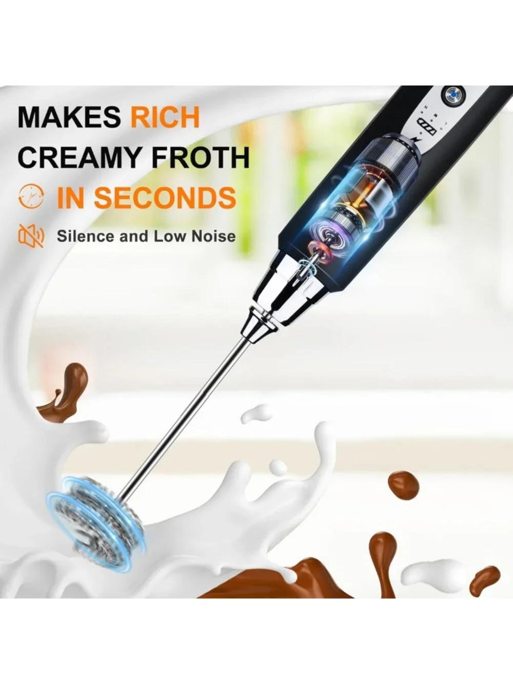 Rechargeable Black Handheld Milk Frother Wand - 3 Speeds, 3 Heads for Coffee